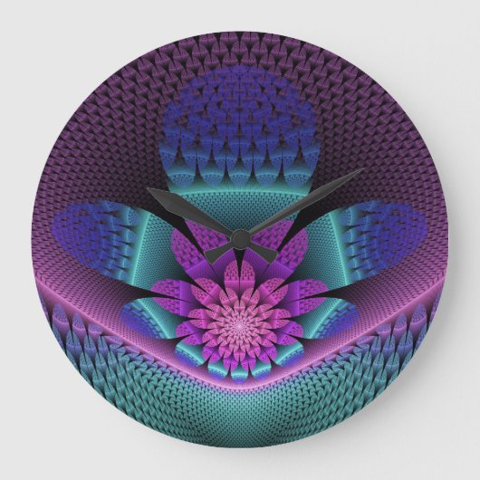 Ungewöhnliches Gemustertes Fantasy Blume Fraktal Große Wanduhr (Vorderseite)