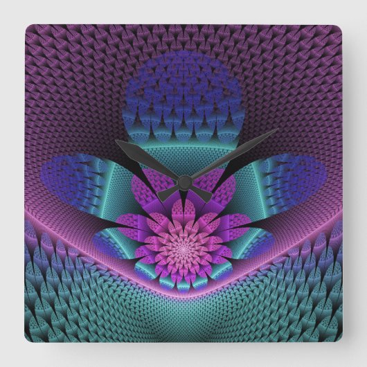 Ungewöhnliches Gemustertes Fantasy Blume Fraktal Quadratische Wanduhr (Vorderseite)