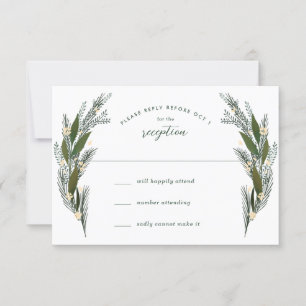 Ungezeichnete Blumen Blätter Grün Weiße Hochzeit RSVP Karte