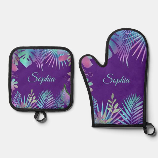 Unglaubliche tropische Blätter, Aquamariner Name a Ofenhandschuh & Topflappen-Set (Vorderseite)