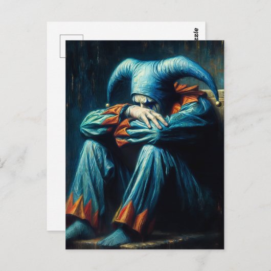 Unhappy Jester Wearing Blue und Orange Postkarte (Vorne/Hinten)