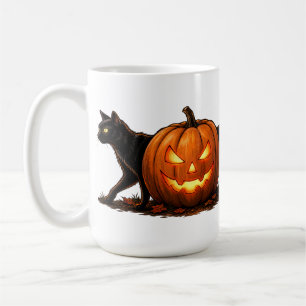 Unheimliche lange schwarze Katze hinter leuchtende Kaffeetasse