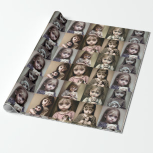 Unheimliches kleines Mädchen mit großen Augen und  Geschenkpapier