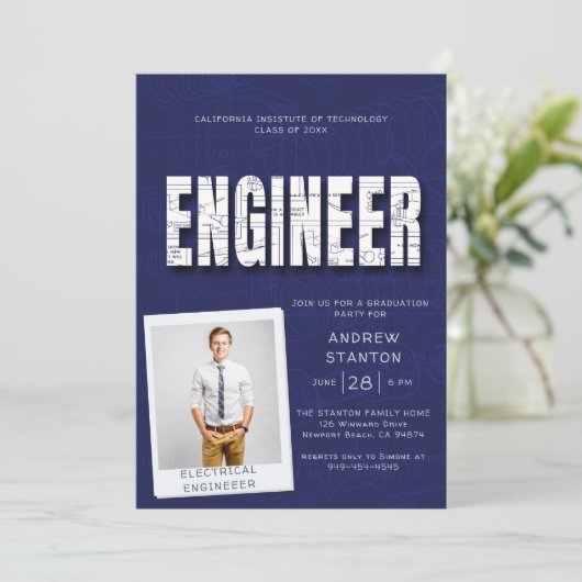 Uni-Abschluss Party Engineer Technology Navy Einladung (Stehend Vorderseite)