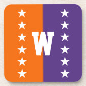 Uni Orange, Lila und weiße Monogramm Getränkeuntersetzer (Vorderseite)