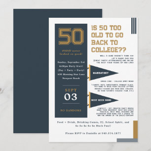 Uni Pennants Blue & Gold 50. Geburtstag Einladung