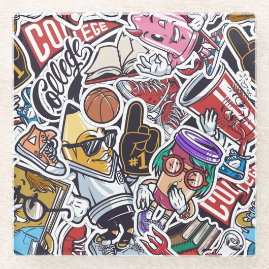 Uni Spaß, farbenfrohe Vintage Muster Glasuntersetzer (Vorderseite)