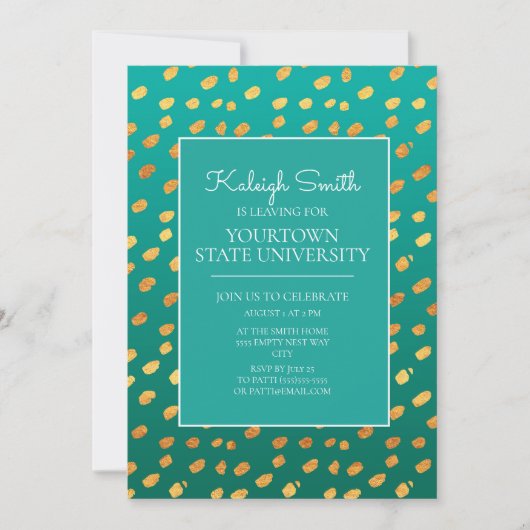 Uni Trunk Party Modernes Green Aquamarin Gold Einladung (Vorderseite)