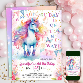 Unicorn 10. Geburtstag Fairy Floral Regenbogen & S Einladung