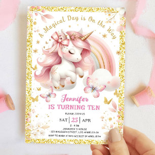 Unicorn 10. Geburtstagsparty Girl Blush Pink & Gol Einladung