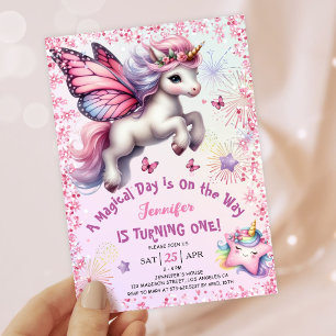 Unicorn 1. Geburtstag Girl Pink Lila Glitzer Einladung