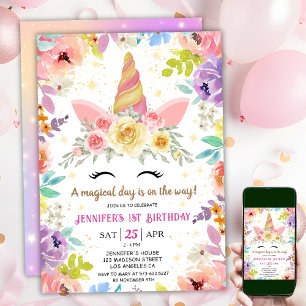 Unicorn 1. Geburtstag Pink Girl Floral Regenbogen Einladung
