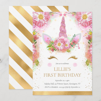 Unicorn 1. Geburtstag Pink Gold Glitzer Einladung