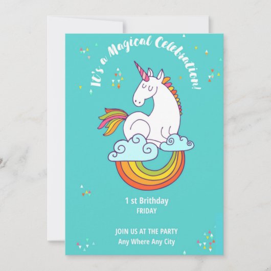 Unicorn 1 ST Birthday Gold Teal Pink Purple Einladung (Vorderseite)