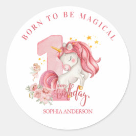 Unicorn 1st Birthday  Pastel Pink Little Girl  Runder Aufkleber