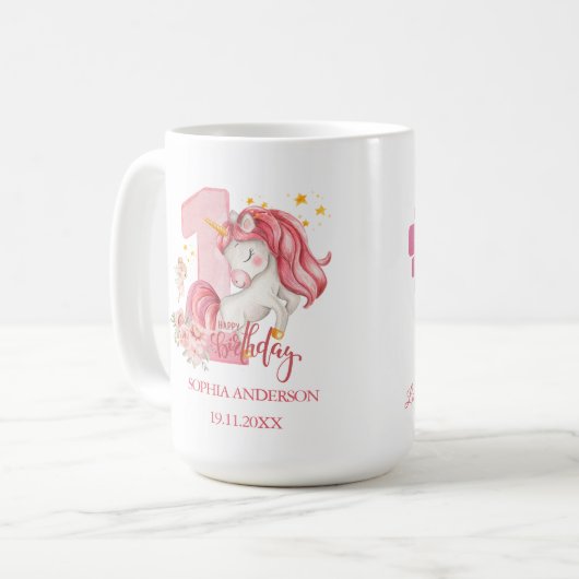Unicorn 1st Birthday Pink Little Girl Kaffeetasse (Vorderseite Links)