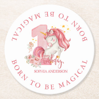 Unicorn 1st Birthday Pink Little Girl Runder Pappuntersetzer