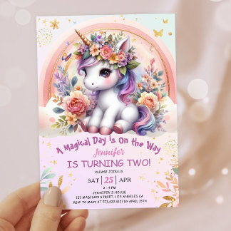 Unicorn 2. Geburtstag Girl Pink Floral Regenbogen Einladung