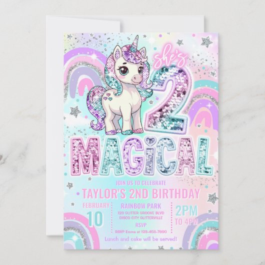 Unicorn 2nd Birthday Two Magical Rainbow Glitter Einladung (Vorderseite)