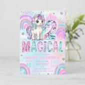 Unicorn 2nd Birthday Two Magical Rainbow Glitter Einladung (Stehend Vorderseite)