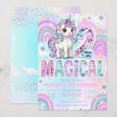 Unicorn 2nd Birthday Two Magical Rainbow Glitter Einladung (Vorne/Hinten)