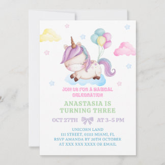 Unicorn 3RD Birthday Magical Party Einladung