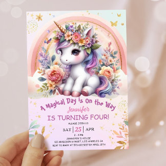 Unicorn 4. Geburtstag Girl Pink Floral Regenbogen Einladung
