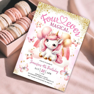 Unicorn 4. Geburtstag Girl Pink Gold Regenbogen Einladung