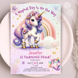 Unicorn 4. Geburtstagskarte Lila Goldrennbogen Einladung