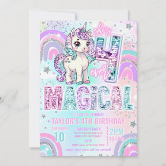Unicorn 4th Birthday Four Ever Magical Rainbow  Einladung