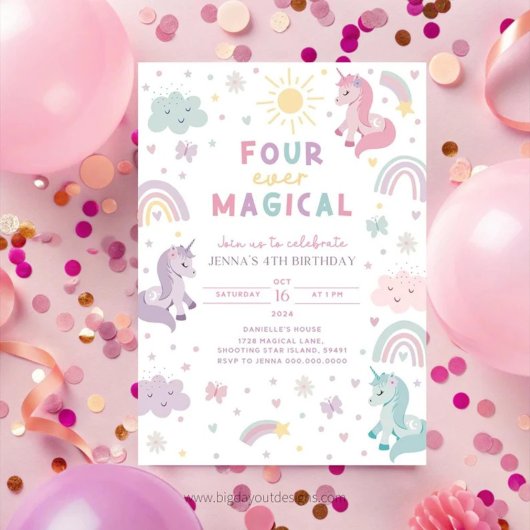 Unicorn 4th Birthday Invitation. Editable Rainbow Einladung