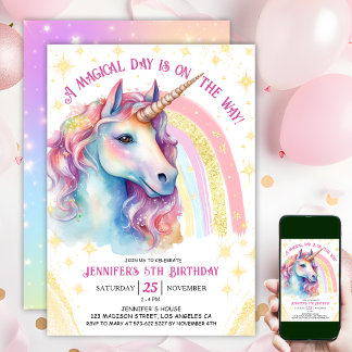 Unicorn 5. Geburtstag Gold Pink Magischer Regenbog Einladung