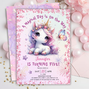 Unicorn 5. Geburtstagsparty Girl Pink Lila Einladung