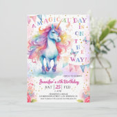 Unicorn 5th Birthday Fairy Floral Rainbow & Stars Einladung (Stehend Vorderseite)