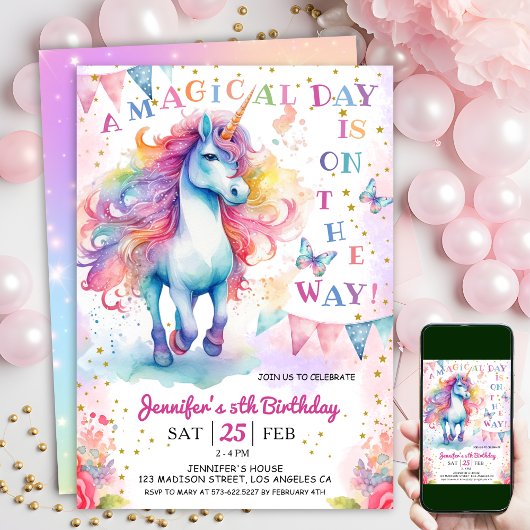 Unicorn 5th Birthday Fairy Floral Rainbow & Stars Einladung