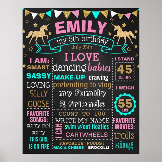 Unicorn 5th Birthday Party-Chalkboard-Zeichen Poster (Vorne)