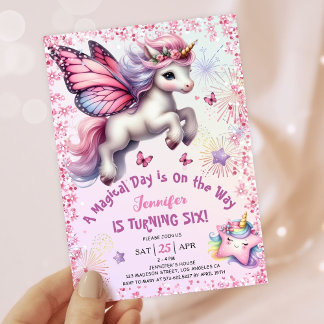 Unicorn 6. Geburtstag Girl Pink Lila Glitzer Einladung