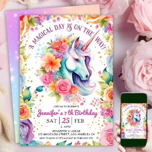 Unicorn 7. Geburtstag Blumenarmband und Sterne Einladung