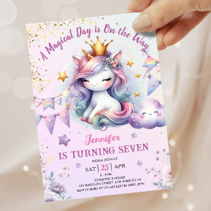 Unicorn 7. Geburtstag Einladung Girl Pink & Gold