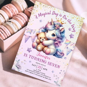 Unicorn 7. Geburtstag Einladung Girl Pink Gold Nie