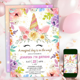 Unicorn 7. Geburtstag Farbenfrohe Blumenrinde Einladung
