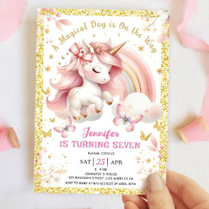Unicorn 7. Geburtstagsparty Girl Blush Pink & Gold Einladung