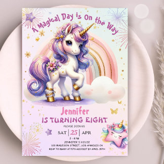 Unicorn 8. Geburtstag Girl Lila Gold Rainbow Invi Einladung