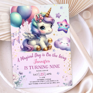 Unicorn 9. Geburtstag Einladung Girl Lila & Gold