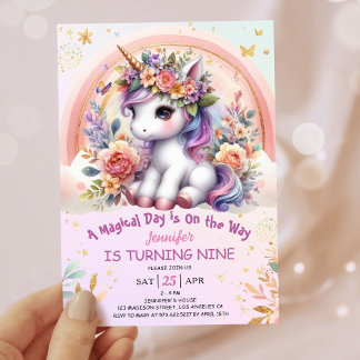 Unicorn 9. Geburtstag Girl Pink Floral Regenbogen Einladung