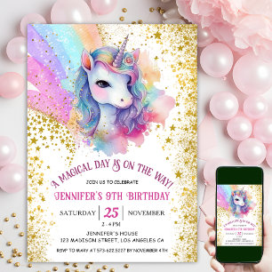 Unicorn 9. Geburtstag   Gold Glitzer Rainbow Einladung
