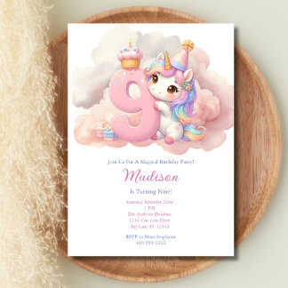 Unicorn 9. Neuntes Rosa Lila Mädchen Geburtstag Einladung