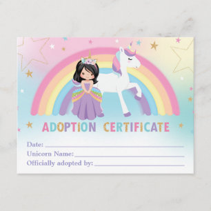 Unicorn-Adoption-Zertifikat Geburtstagsparty Gefal Begleitkarte