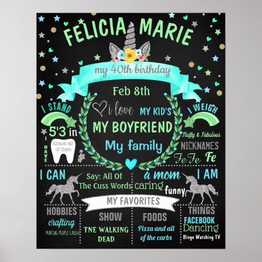 Unicorn Adult Birthday Chalkboard-Kuchen Schmutz Poster (Vorne)