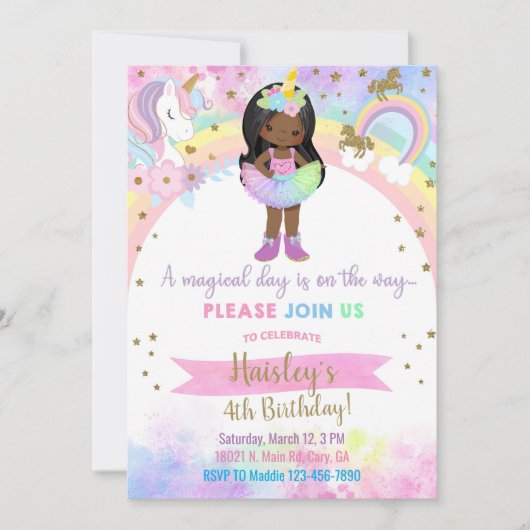 Unicorn african american girl magical birthday. einladung (Vorderseite)